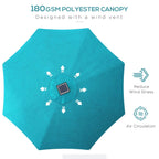 Teal-blue polyester umbrella canopy with vented design and wind-stress reduction icons