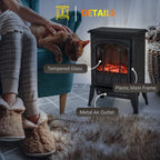 Black electric stove fireplace with tempered glass front and LED log flame detail.