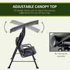 Grey three-seat porch swing with adjustable canopy top and metal side frame