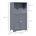 Grey three-section bathroom storage cabinet with louvered doors and two front drawers.