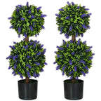 Set of 2 artificial lavender flower ball plants in black pots with green leaves