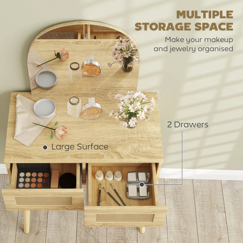 Vanity desk with open drawers and spacious tabletop for makeup and jewelry