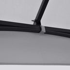 Close-up of gazebo canopy support strap and black frame connector on light grey fabric