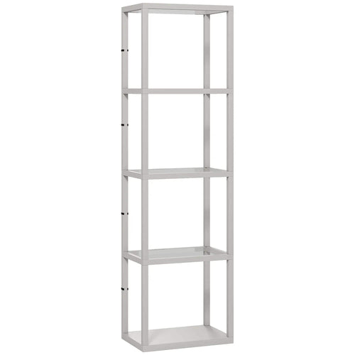 Grey four-shelf floor lamp with open rectangular shelving frame