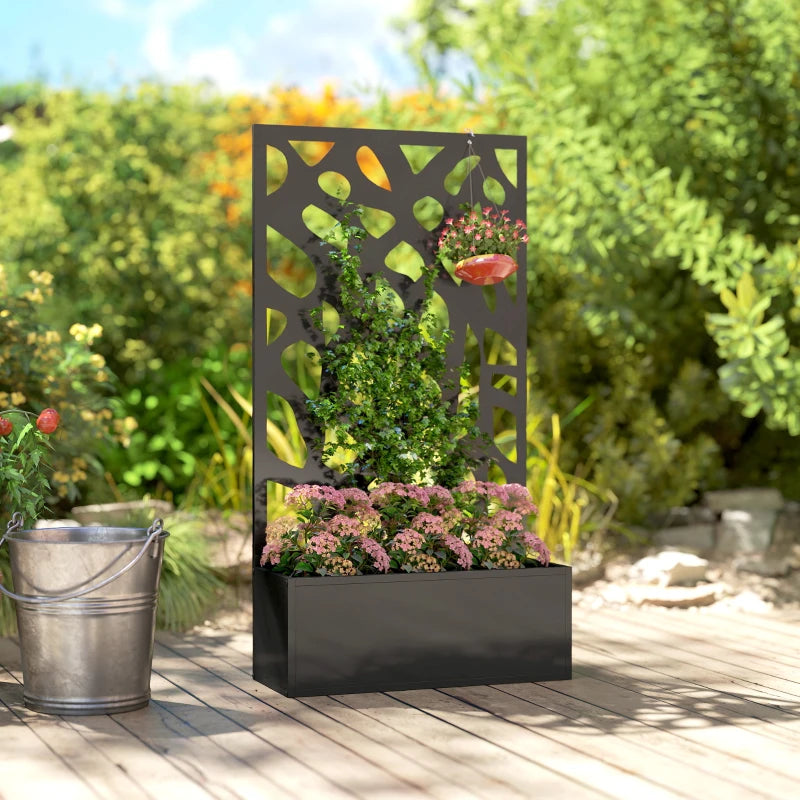 Black metal raised planter with trellis privacy screen and flowering plants