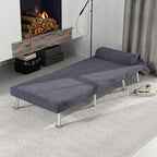 Charcoal grey sleeper chair extended into a lounge with padded headrest