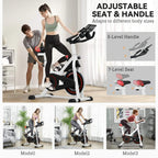 Stationary exercise bike showing adjustable seat and handlebar for different riders