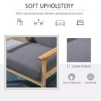 Grey fabric accent chair with cushioned padded seat and light wood armrests