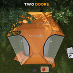 Orange dome tent with two front doors and mesh panels; rainfly flaps open