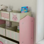 Pink kids storage unit corner view with six bins and open front compartments for toys