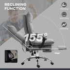 Grey massage office chair reclines up to 155 degrees with footrest and wheeled base