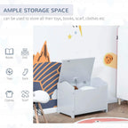 Grey wooden toy storage chest with open lid; icons suggest space for books and toys.