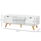 White TV stand cabinet with central open shelf and two drawers, wood legs