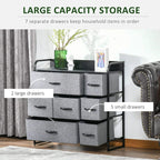 Grey fabric drawer dresser with 7 drawers in large and small compartments, black metal frame