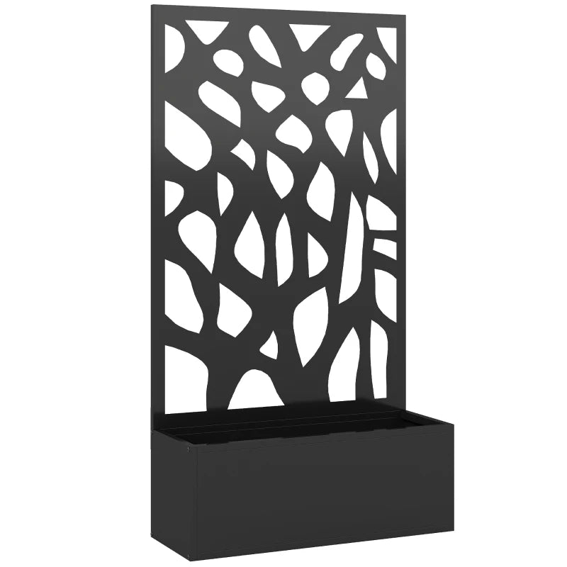 Black metal raised planter box with privacy trellis screen, abstract leaf pattern