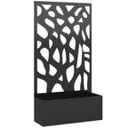 Black metal raised planter box with privacy trellis screen, abstract leaf pattern