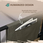 Outdoor sofa back panel with breathable dark mesh pocket for magazines, light grey cushions
