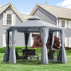 Grey hexagon gazebo with 2-tier canopy roof and zippered side curtains, outdoor backyard use