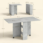 Grey folding dining table with drop leaves and two-tier shelf, shown with measurements