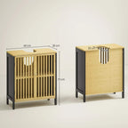Under sink cabinet dimensions view: bamboo slatted door, natural finish, black sides and legs
