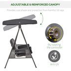 Outdoor swing bench with adjustable reinforced canopy and dark grey cushions