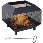 Black square outdoor fire pit brazier with mesh sides, open lid, and log grate