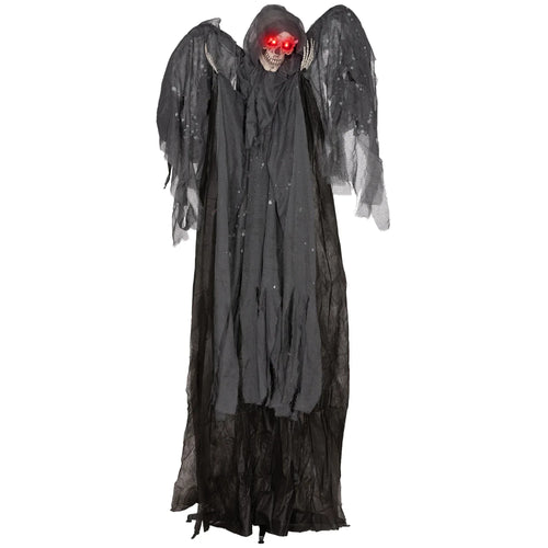 Hooded grim reaper animatronic in dark tattered robe with glowing red eyes