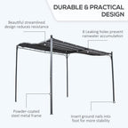 Grey metal pergola with grey canopy roof on four legs, visible support bars