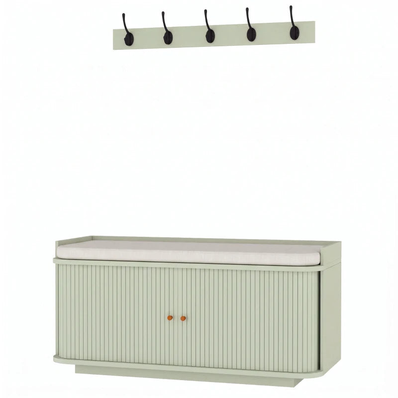 Light green hallway storage bench with cushioned top and wall coat hooks