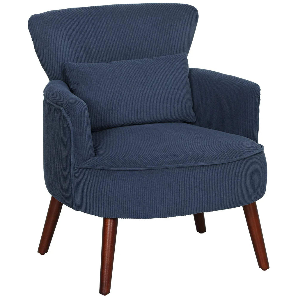 Blue corduroy accent chair with rounded arms, cushioned seat, and wooden legs