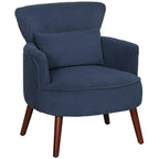 Blue corduroy accent chair with rounded arms, cushioned seat, and wooden legs