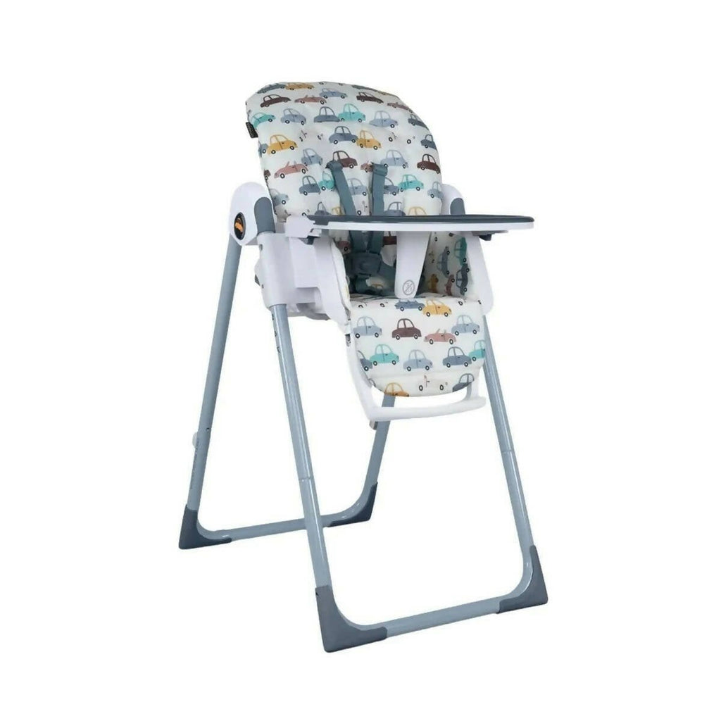 Cosatto Pip 0+ high chair with car-pattern seat and white tray, blue legs