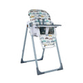 Cosatto Pip 0+ high chair with car-pattern seat and white tray, blue legs