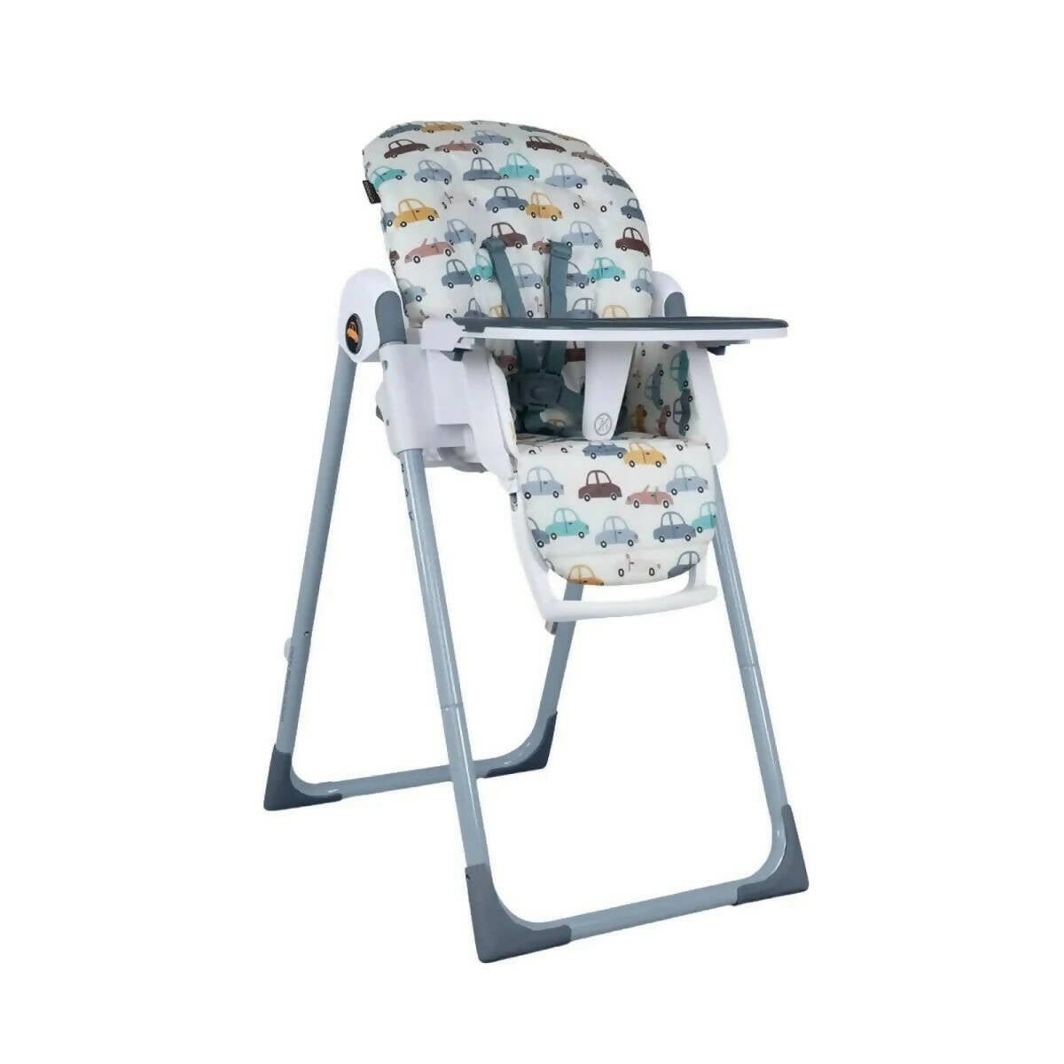 Cosatto Pip 0+ high chair with car-pattern seat and white tray, blue legs