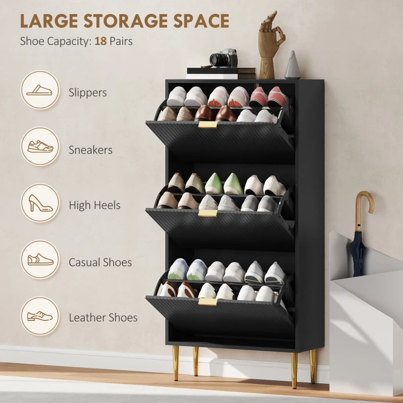 Black tall shoe cabinet with open shelves and gold handles for storing up to 18 pairs.