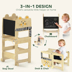 Toddler cat-shaped step stool tower with chalkboard panel and multi-height design