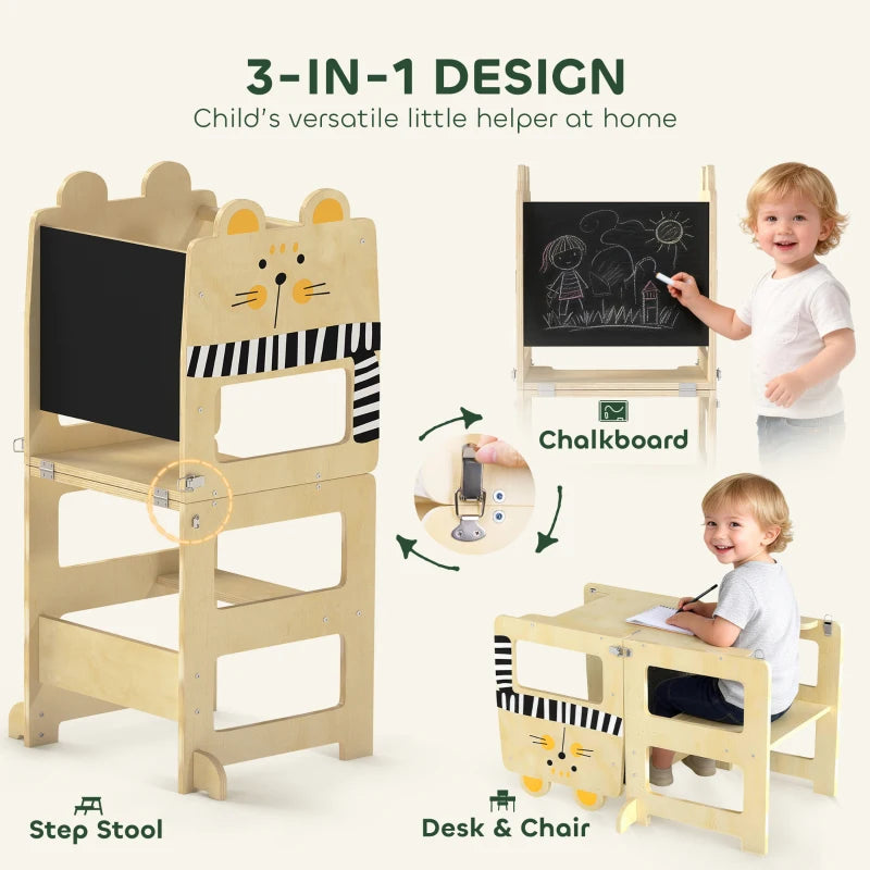 Toddler cat-shaped step stool tower with chalkboard panel and multi-height design