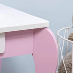 White tabletop with curved pink side panel and leg base of kids dressing table set