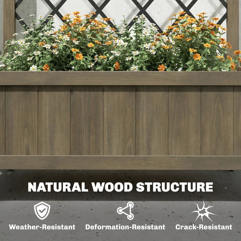 Raised wooden planter bed with black metal trellis and blooming flowers