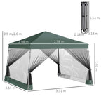 Green pop-up gazebo canopy tent with front curtains and open mesh side panels