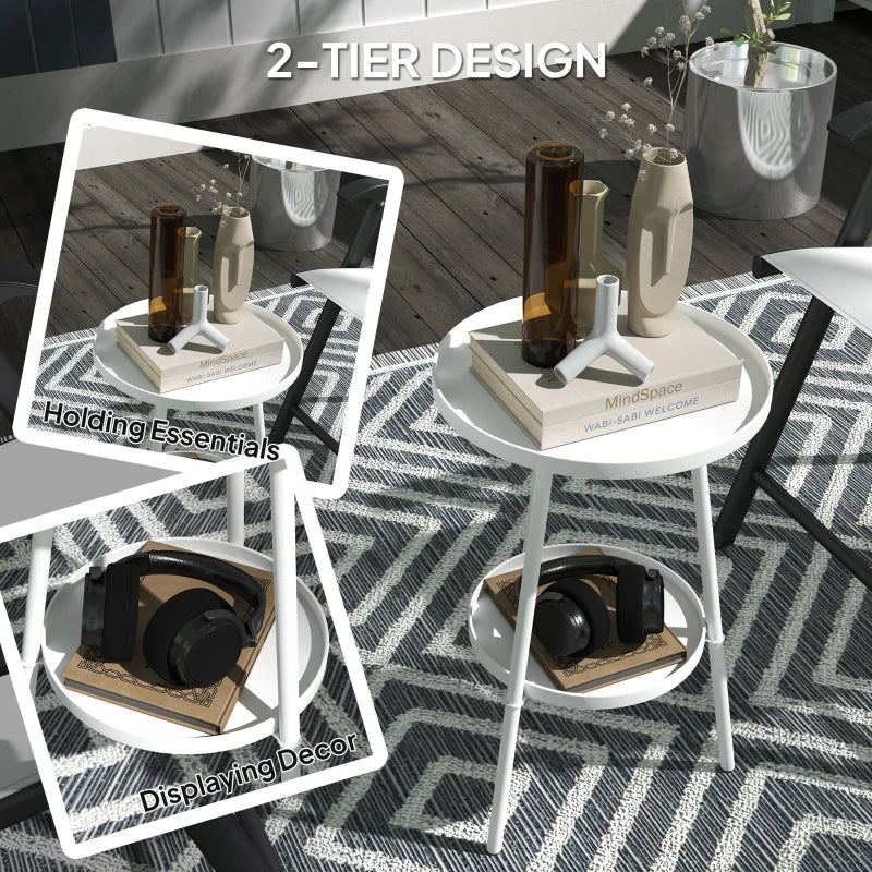 White two-tier round metal garden table with lower storage shelf