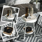White two-tier round metal garden table with lower storage shelf