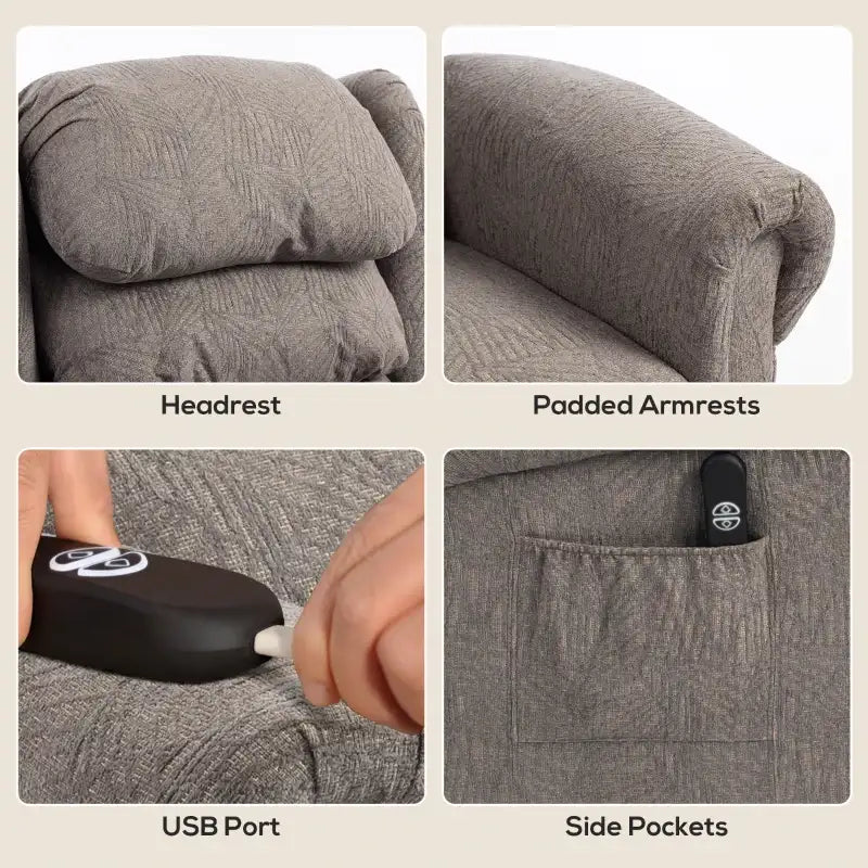 Dark grey recliner features: headrest, padded armrests, USB port, side pockets