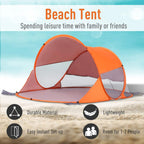 Orange pop-up camping tent with fiberglass frame and arched door, mesh window panels