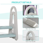 Grey kids step stool ladder details: round edges, non-slip feet, easy-grip handle