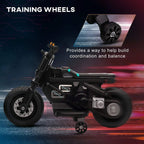 Black kids electric motorbike with training wheels and side-mounted horn speaker