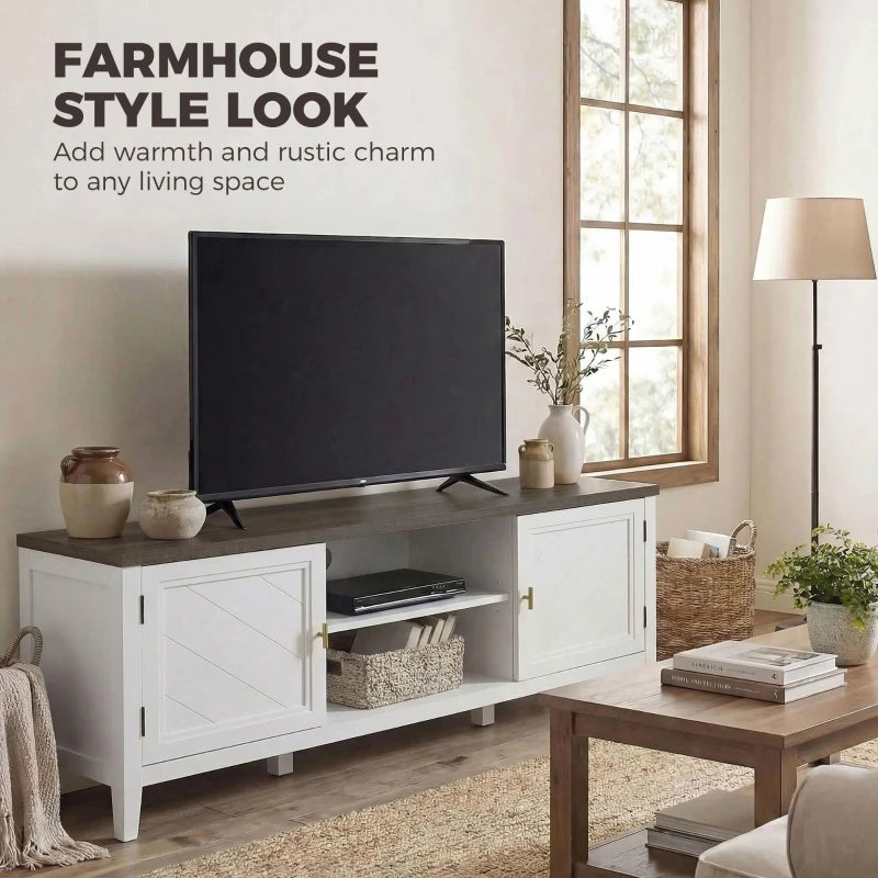 White farmhouse TV console with dark top, open shelves and two cabinet doors.