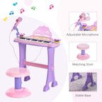 Pink mini electronic keyboard set with adjustable microphone, matching stool, stable base