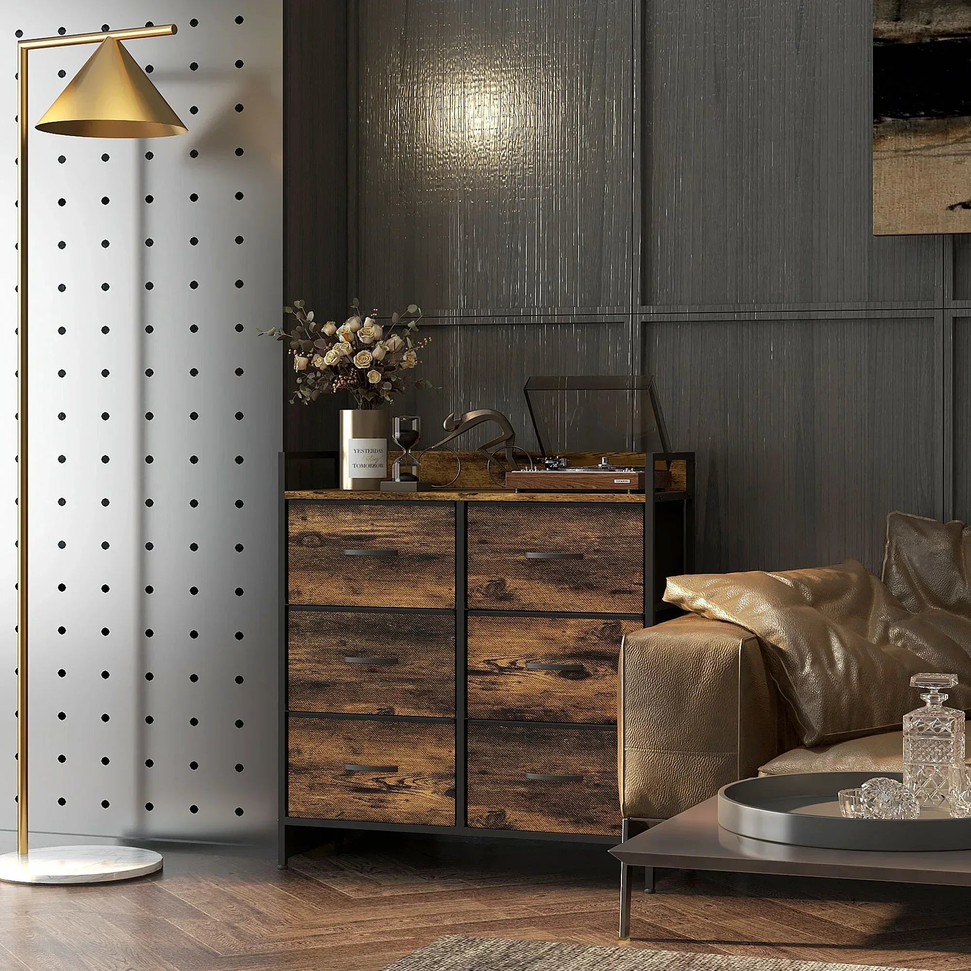 Rustic Chest of Six Fabric Drawers - Rustic Brown - Bobobiy