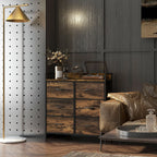 Rustic brown six-drawer chest with black frame and raised top shelf